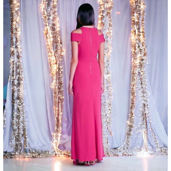 $320 ABS Allen Schwartz Shoulder Cut Out Gown Small Pink Formal Deep Front Slit